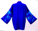 Load image into Gallery viewer, Hand painted silk Kimono purple and blue dragonfly art design handmade by Lynne Kiel 
