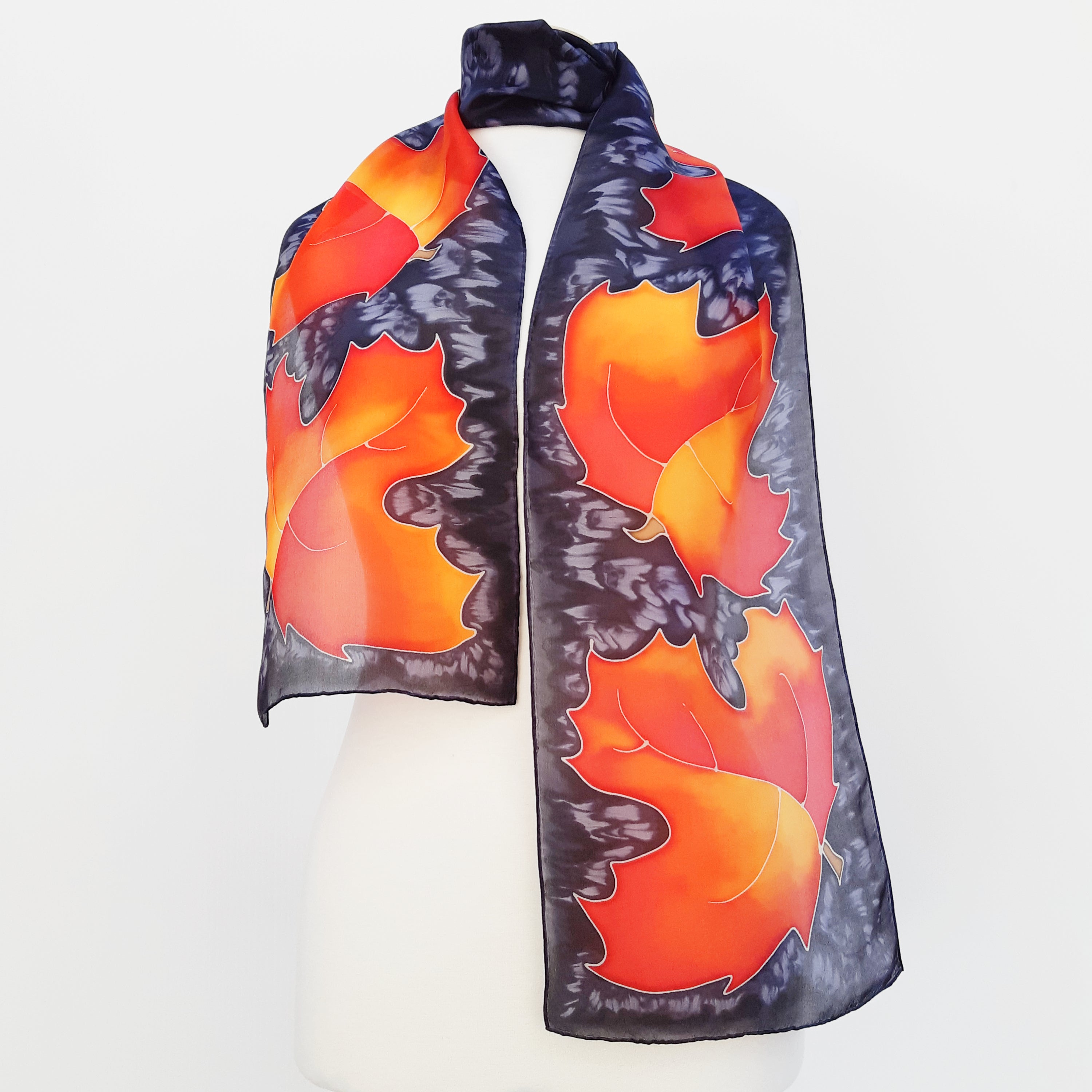 painted silk long scarf orange black color