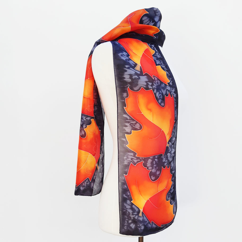 painted silk scarf for women black yellow colors