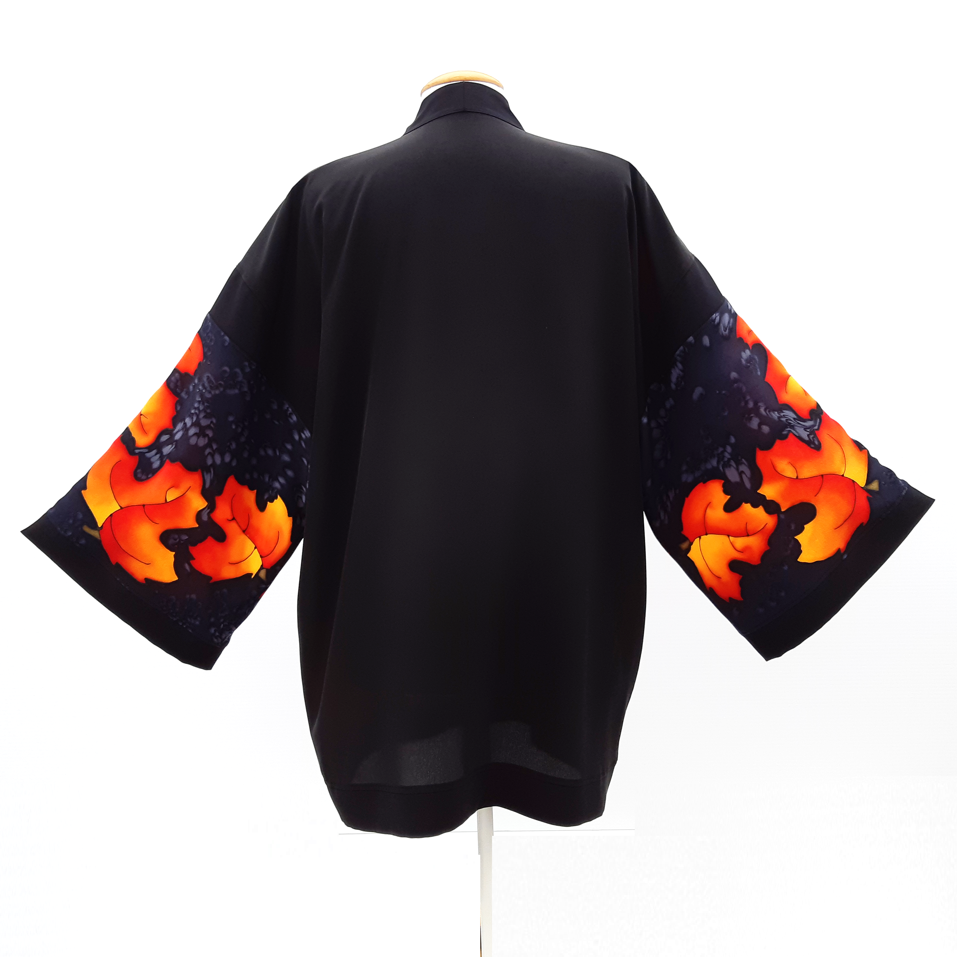 Black silk Kimono jacket hand painted golden maple leaf art design handmade by Lynne Kiel