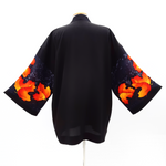 Load image into Gallery viewer, Black silk Kimono jacket hand painted golden maple leaf art design handmade by Lynne Kiel
