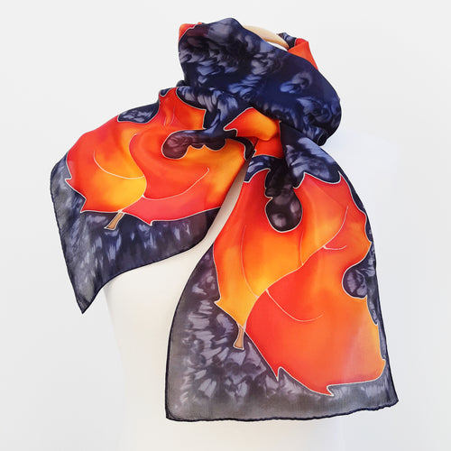 painted silk neck scarf  gold orange colors