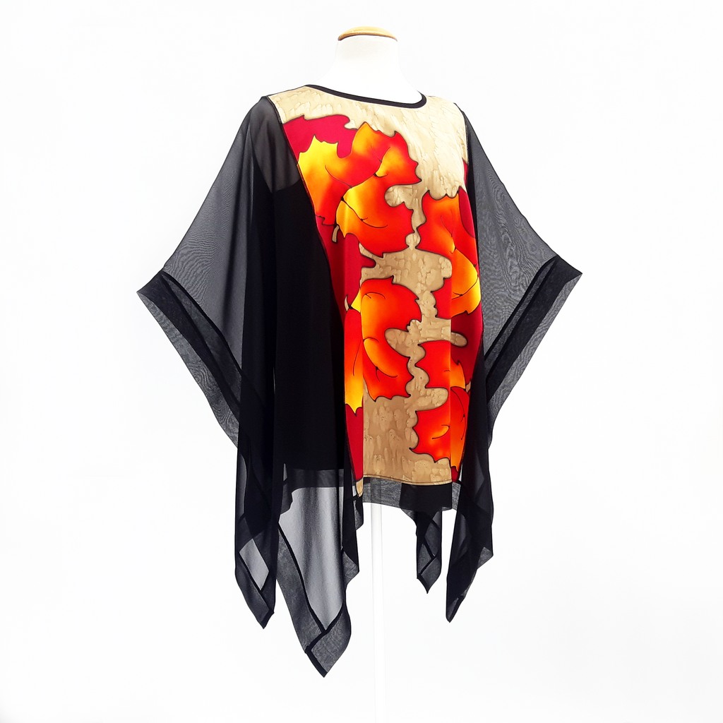 golden autumn leaves painted silk black top one size clothing design made by Lynne Kiel