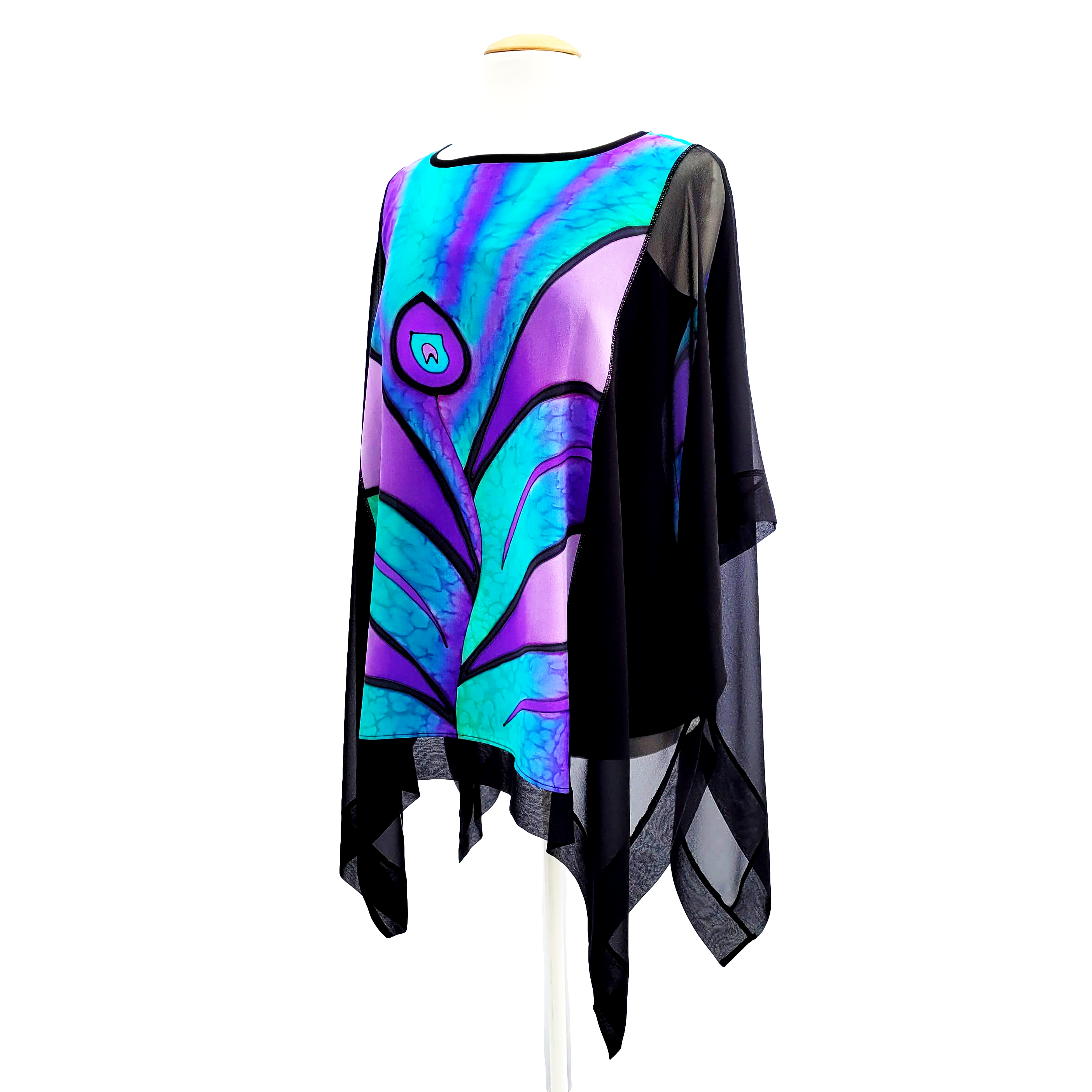 silk top poncho cruise wear hand painted design art front and back handmade by Lynne Kiel