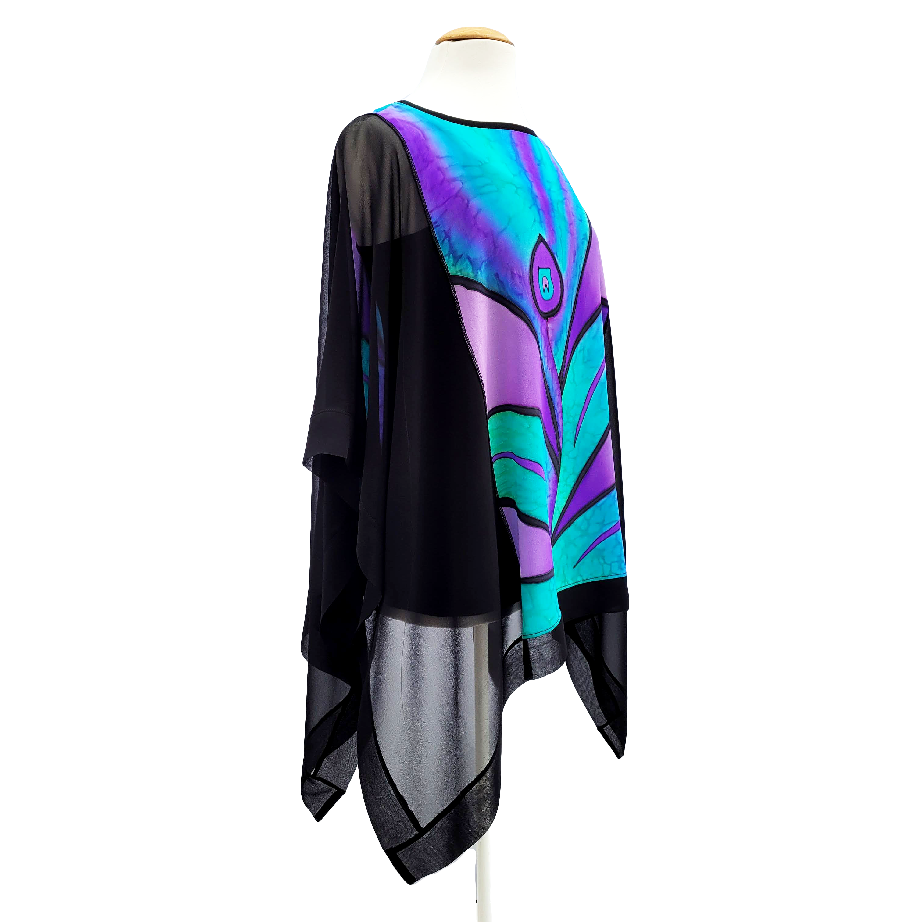 Poncho top for beachwear pure silk hand painted black over blouse handmade by Lynne Kiel