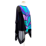 Load image into Gallery viewer, Poncho top for beachwear pure silk hand painted black over blouse handmade by Lynne Kiel
