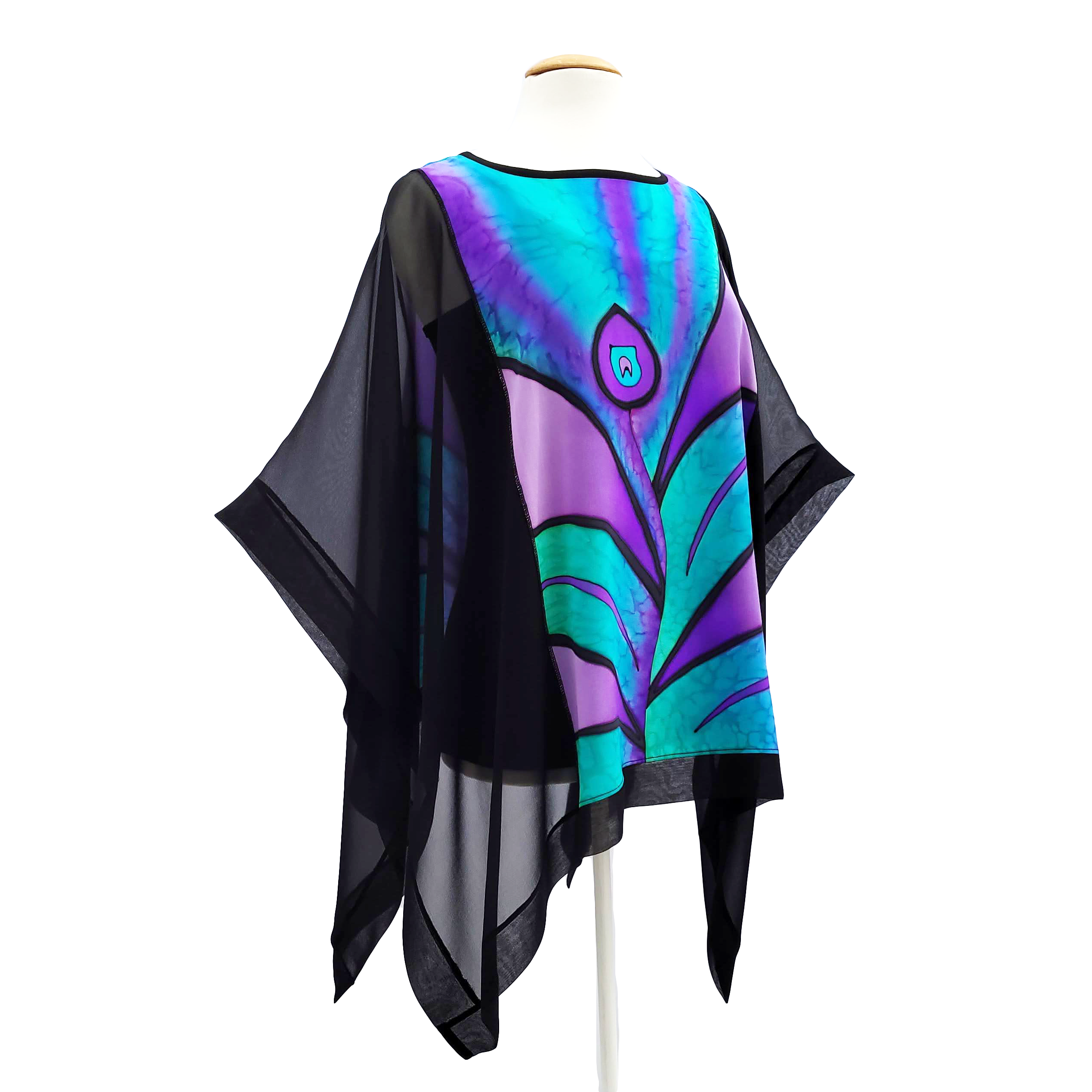 Peacock feather hand painted design art silk clothing poncho top for women handmade by Lynne Kiel