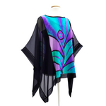 Load image into Gallery viewer, Peacock feather hand painted design art silk clothing poncho top for women handmade by Lynne Kiel
