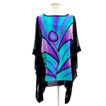 Load image into Gallery viewer, black silk poncho top hand painted peacock feather design art handmade by Lynne Kiel
