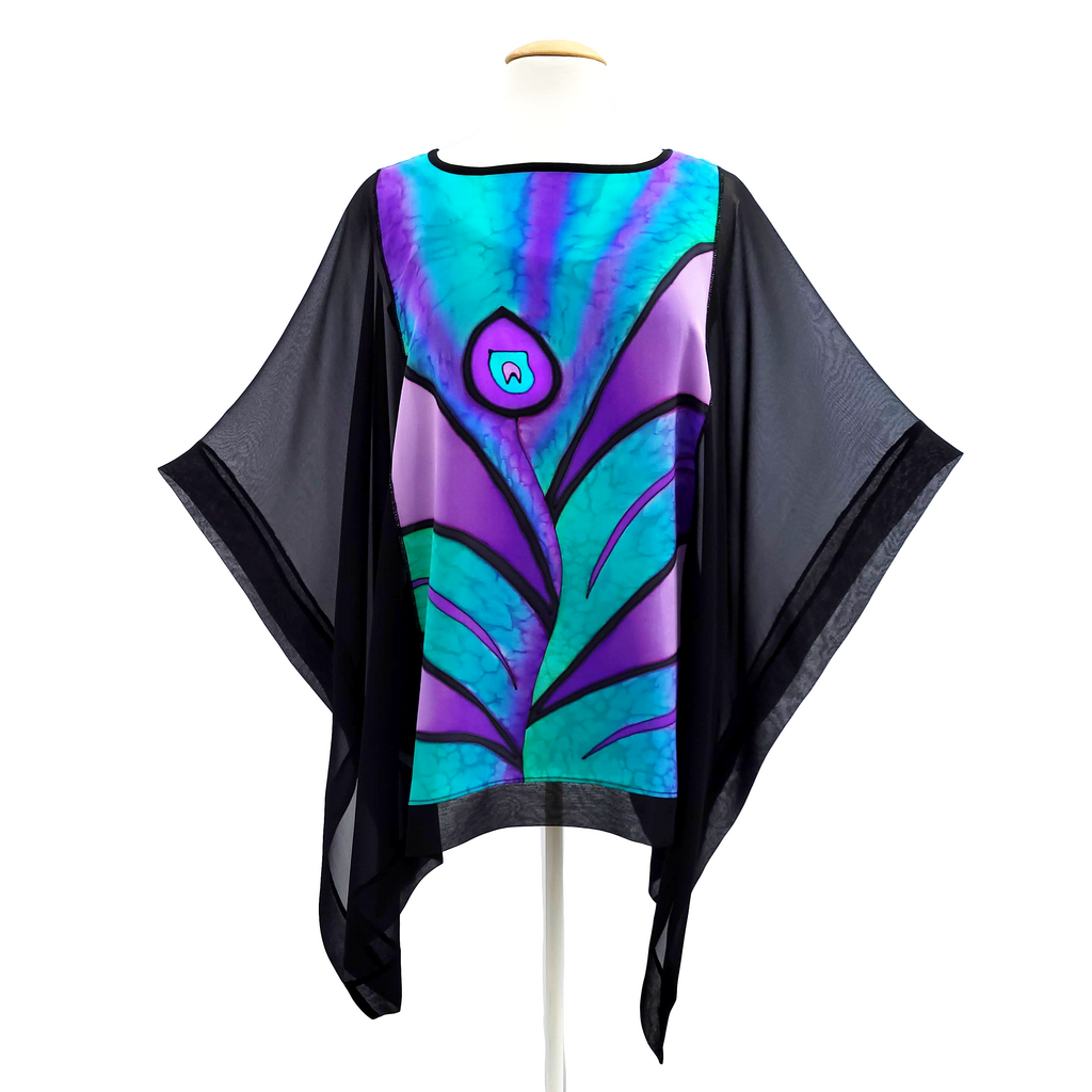 silk clothing hand painted peacock feather design art black poncho top handmade by Lynne Kiel