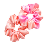 Load image into Gallery viewer, medium size scrunchie ponytail holder hand dyed pastel pink and orange color pure silk handmade by Lynne Kiel
