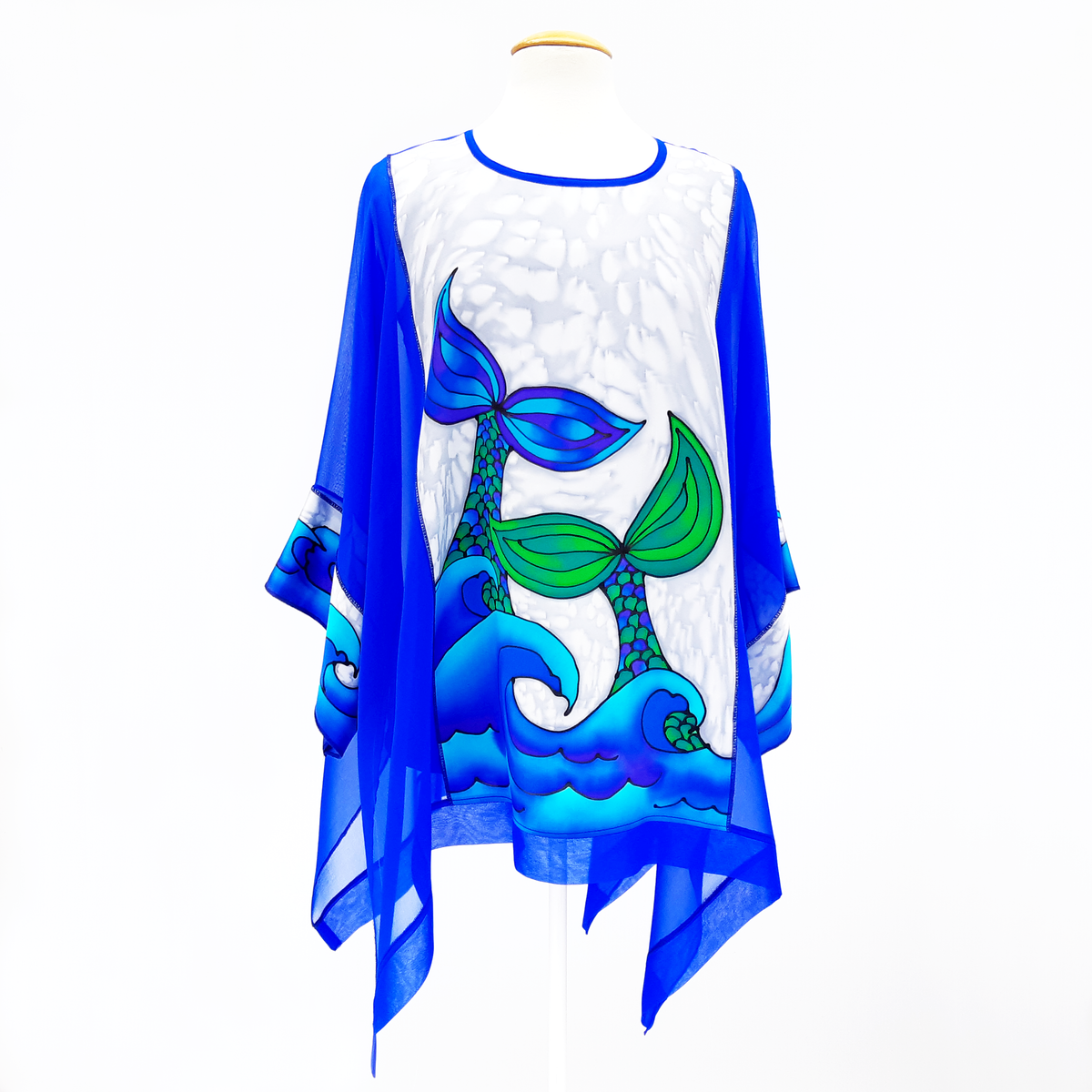 CARIBBEAN SEA Mermaid Tails Painted Silk Royal Blue CAFTAN Top Ladies