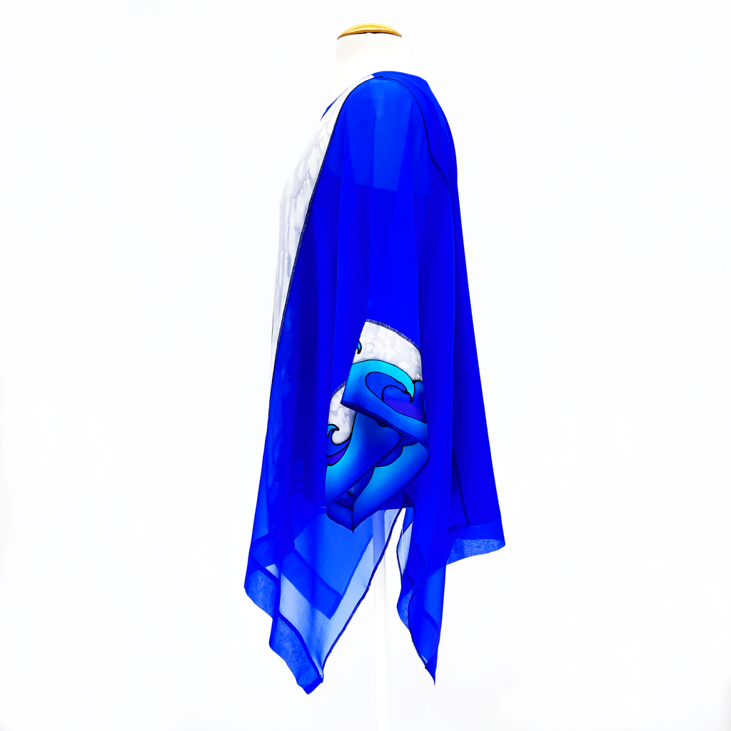 CARIBBEAN SEA Mermaid Tails Painted Silk Royal Blue CAFTAN Top Ladies