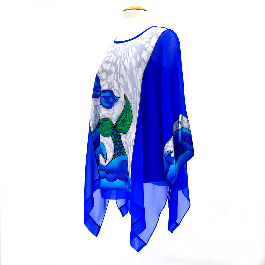 CARIBBEAN SEA Mermaid Tails Painted Silk Royal Blue CAFTAN Top Ladies