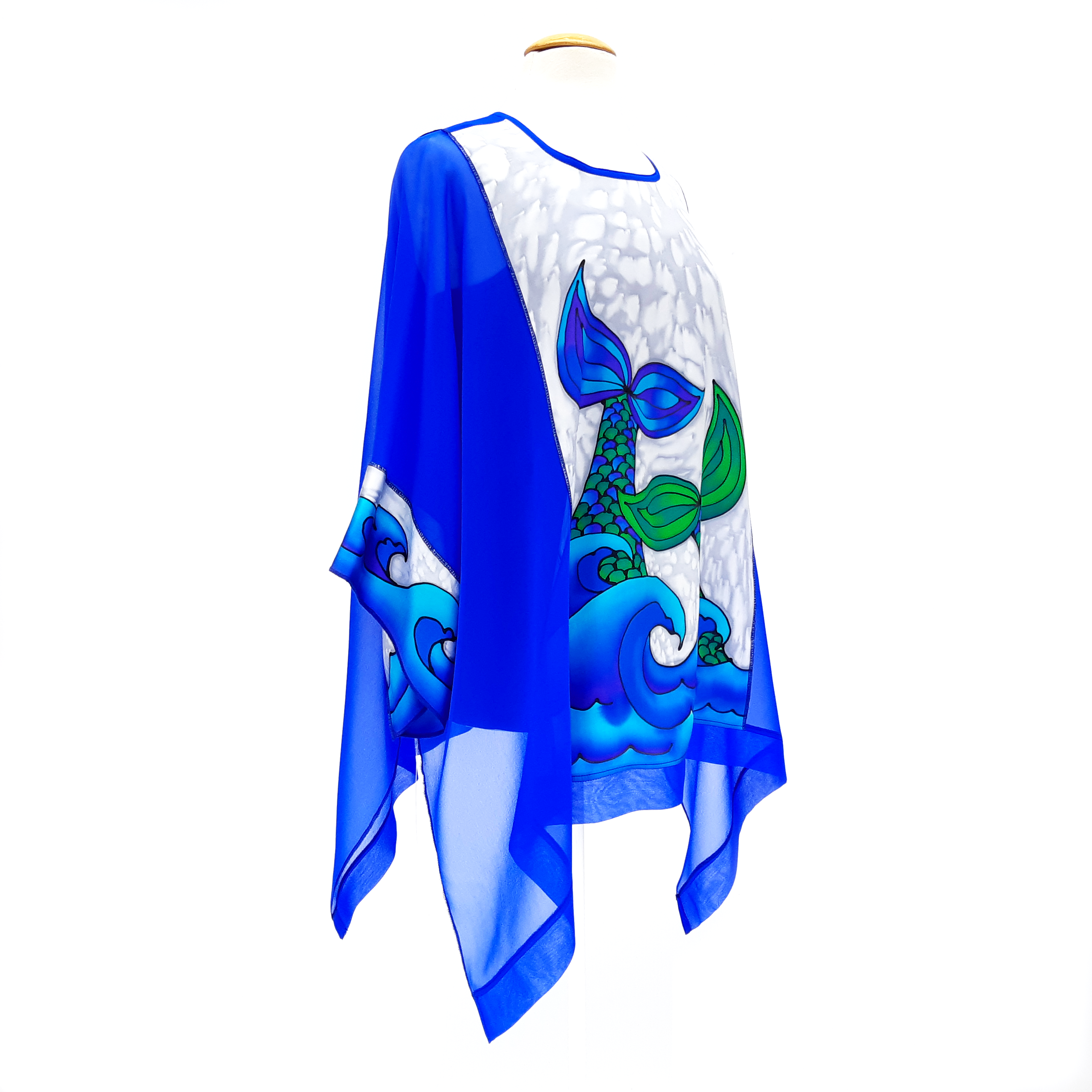 CARIBBEAN SEA Mermaid Tails Painted Silk Royal Blue CAFTAN Top Ladies