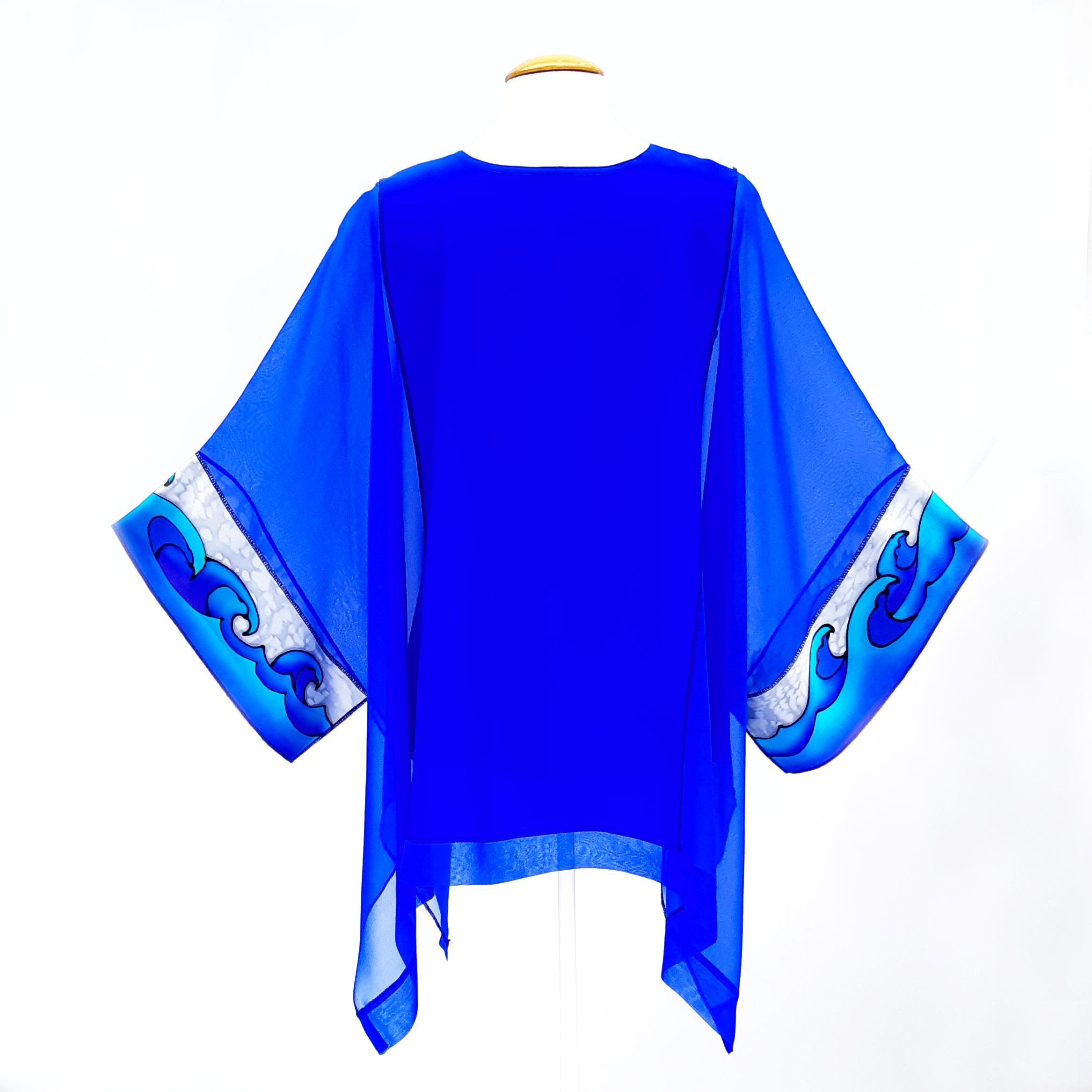 CARIBBEAN SEA Mermaid Tails Painted Silk Royal Blue CAFTAN Top Ladies