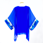 Load image into Gallery viewer, CARIBBEAN SEA Mermaid Tails Painted Silk Royal Blue CAFTAN Top Ladies
