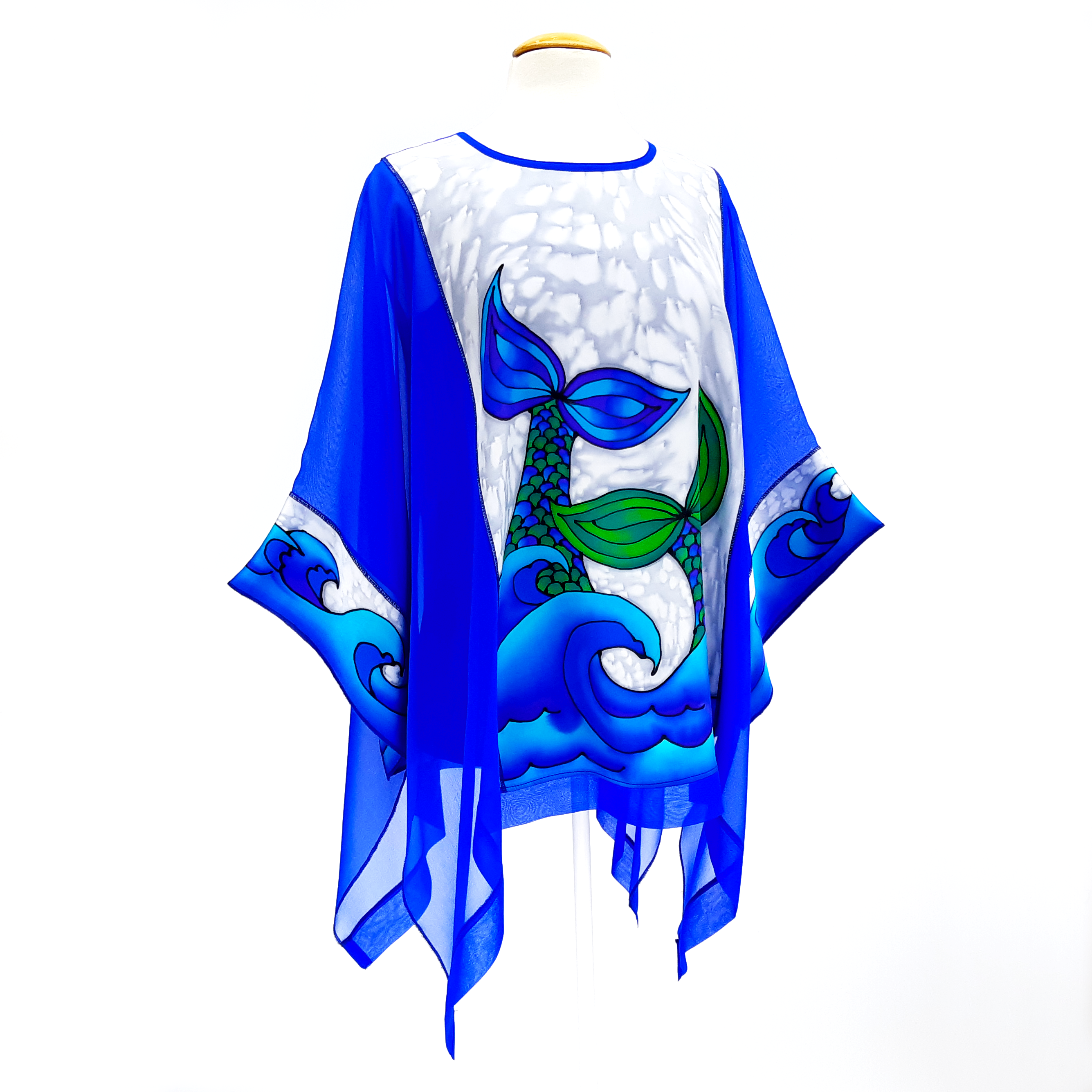 CARIBBEAN SEA Mermaid Tails Painted Silk Royal Blue CAFTAN Top Ladies