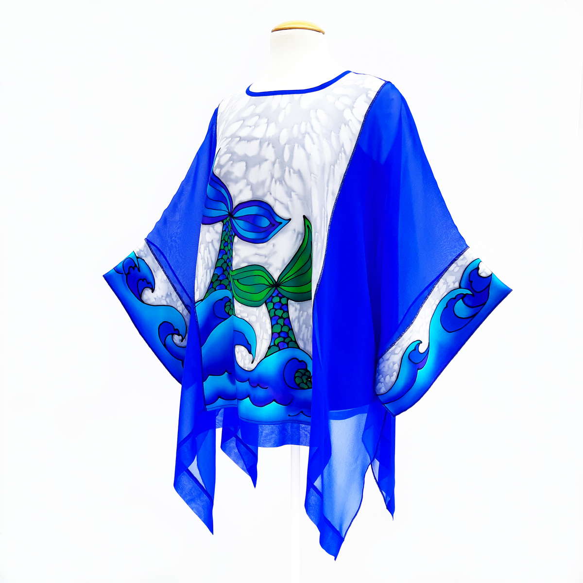 CARIBBEAN SEA Mermaid Tails Painted Silk Royal Blue CAFTAN Top Ladies