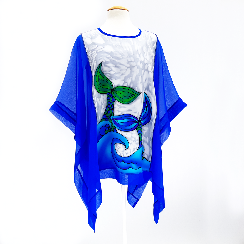 painted silk mermaid tails royal blue poncho top one size  silk clothing made by Lynne Kiel