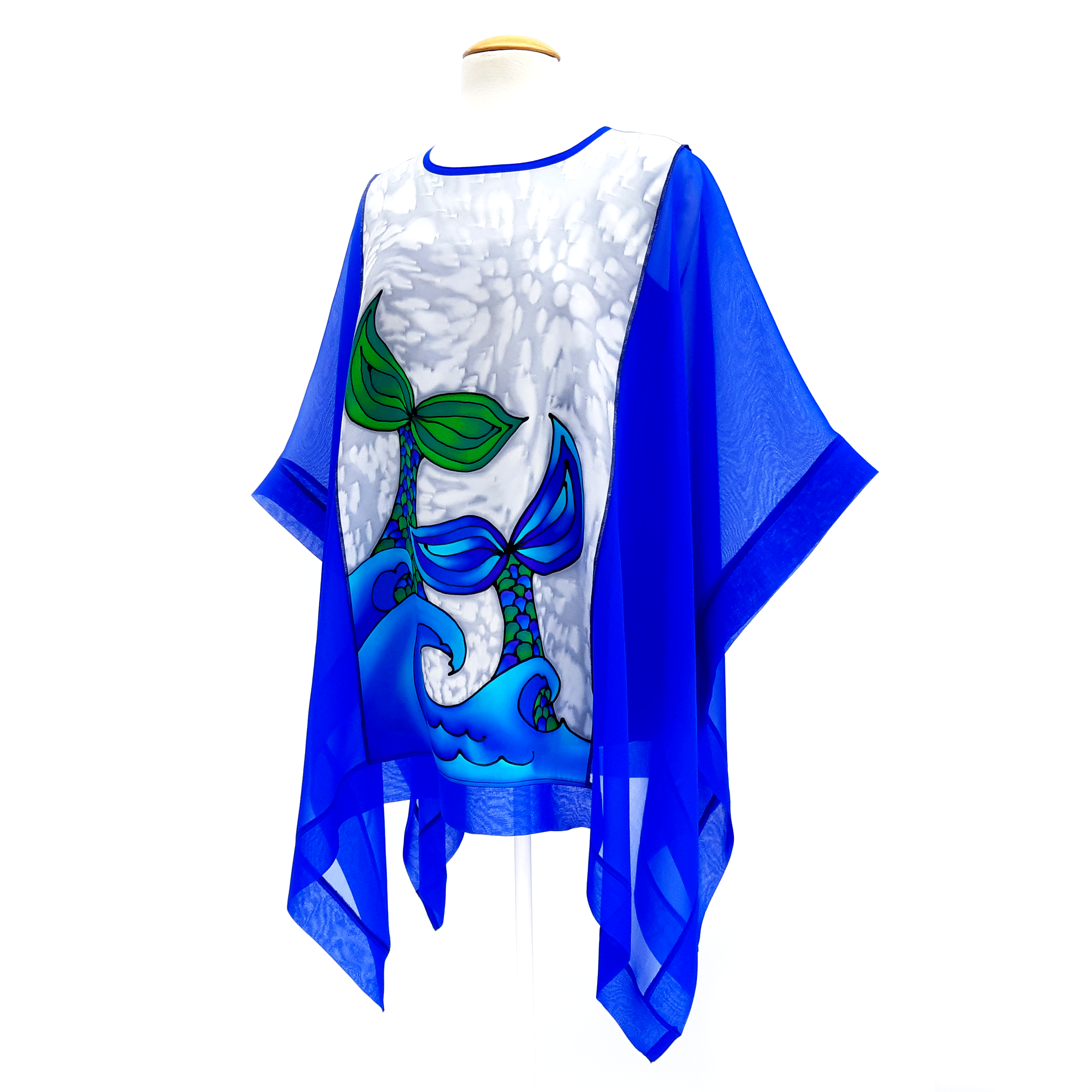 blue poncho top painted silk mermaid tails ocean waves made by Lynne Kiel