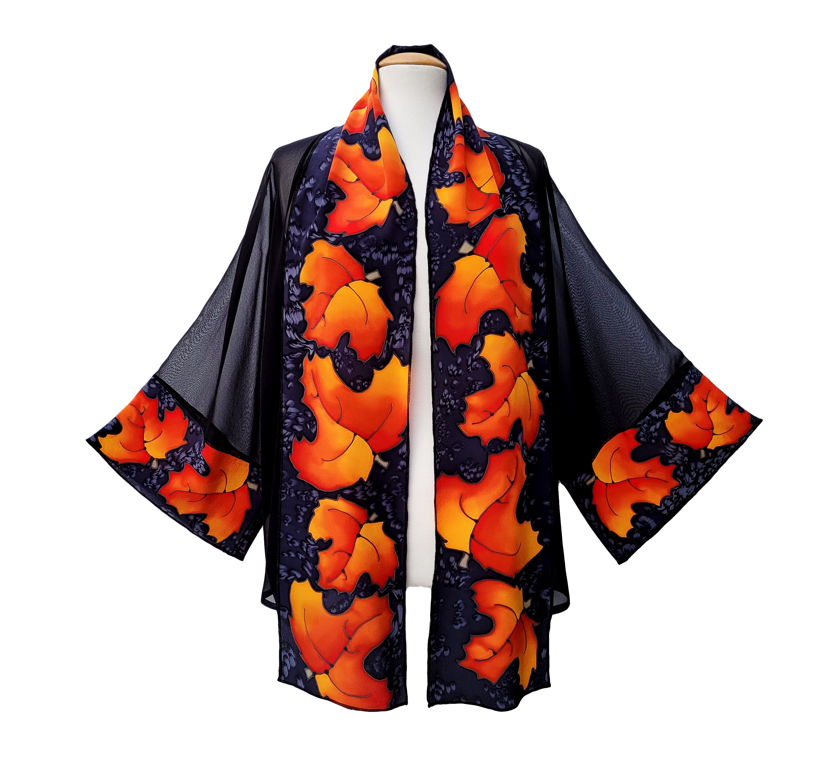 silk clothing hand painted autumn leaf kimono jacket for women handmade by Lynne Kiel