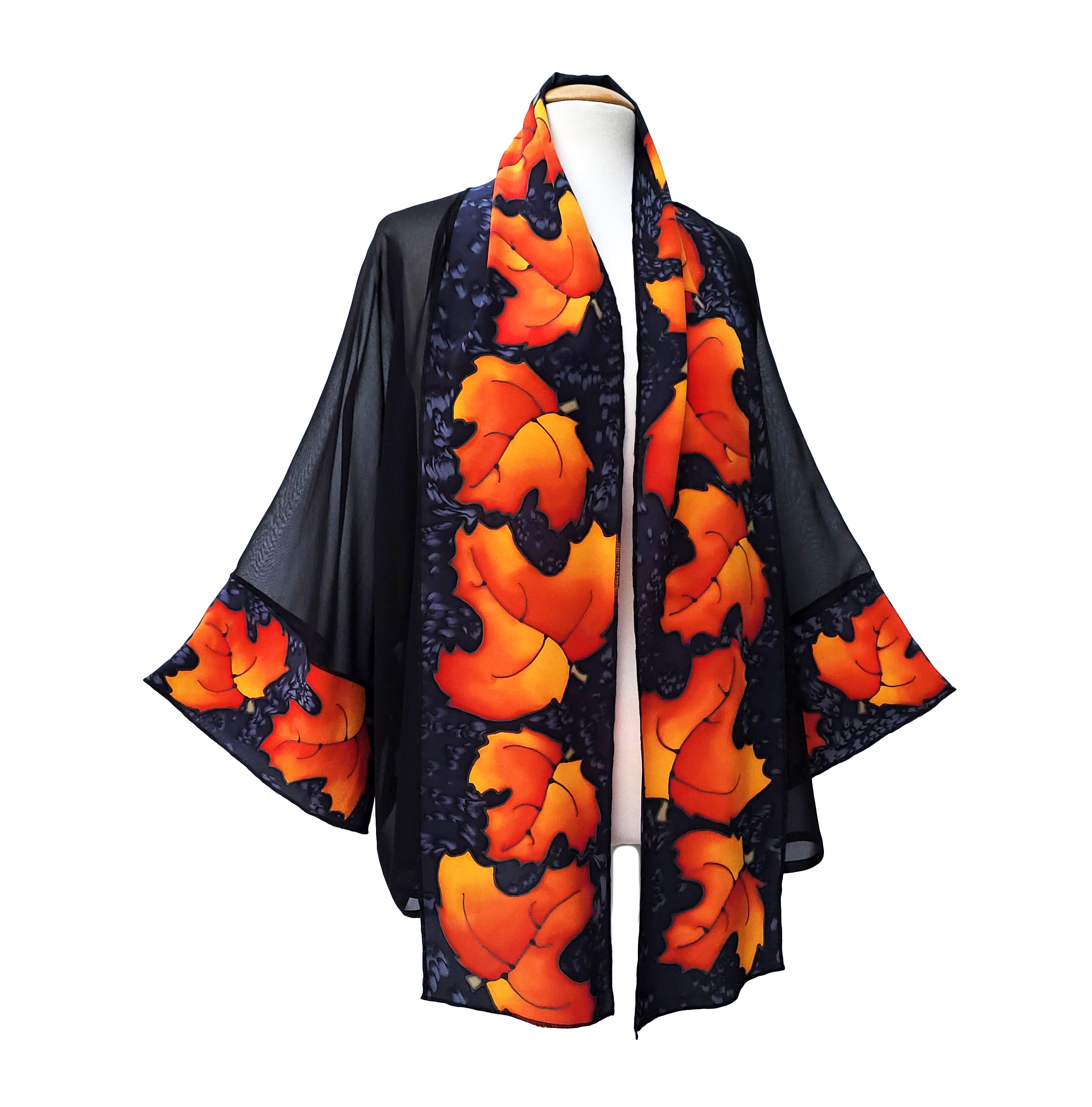 hand painted silk Kimono black with golden autumn leaf design art handmade by Lynne Kiel