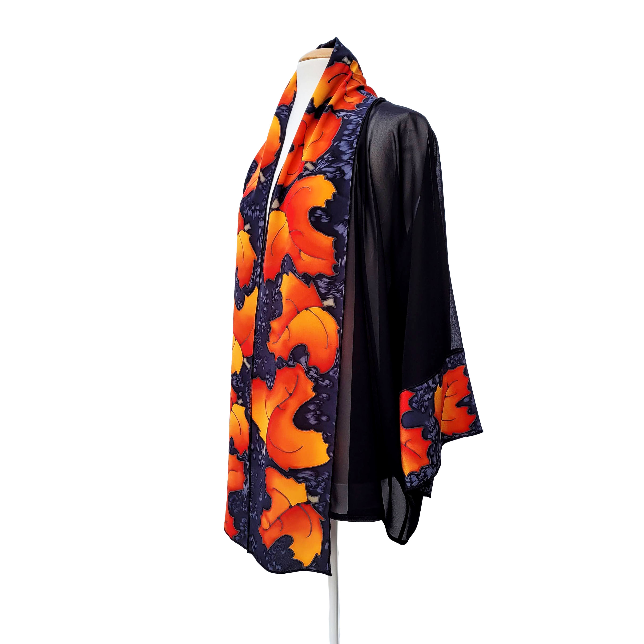 Ones size silk kimono for women hand painted golden autumn leaves made by Lynne Kiel