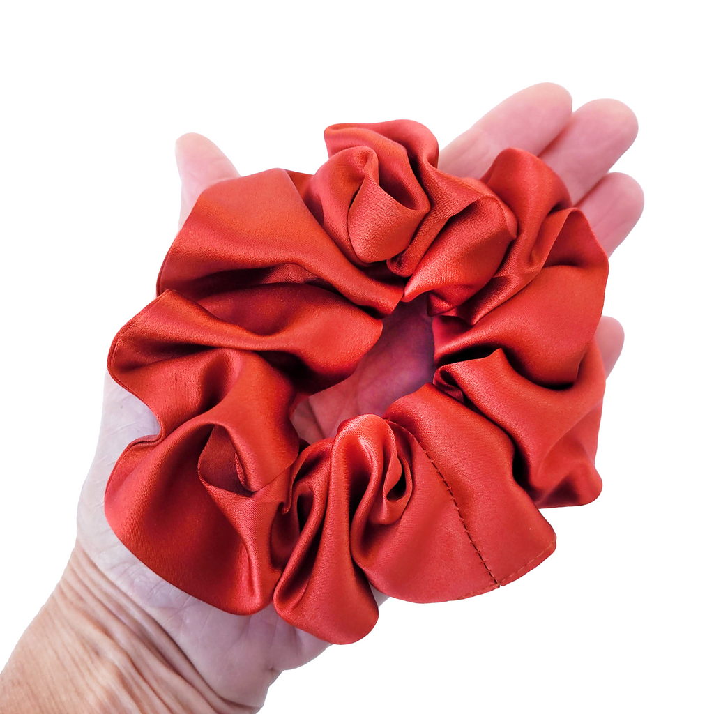 rusty orange pure silk medium size scrunchie ponytail holder hair tie handmade by Lynne Kiel