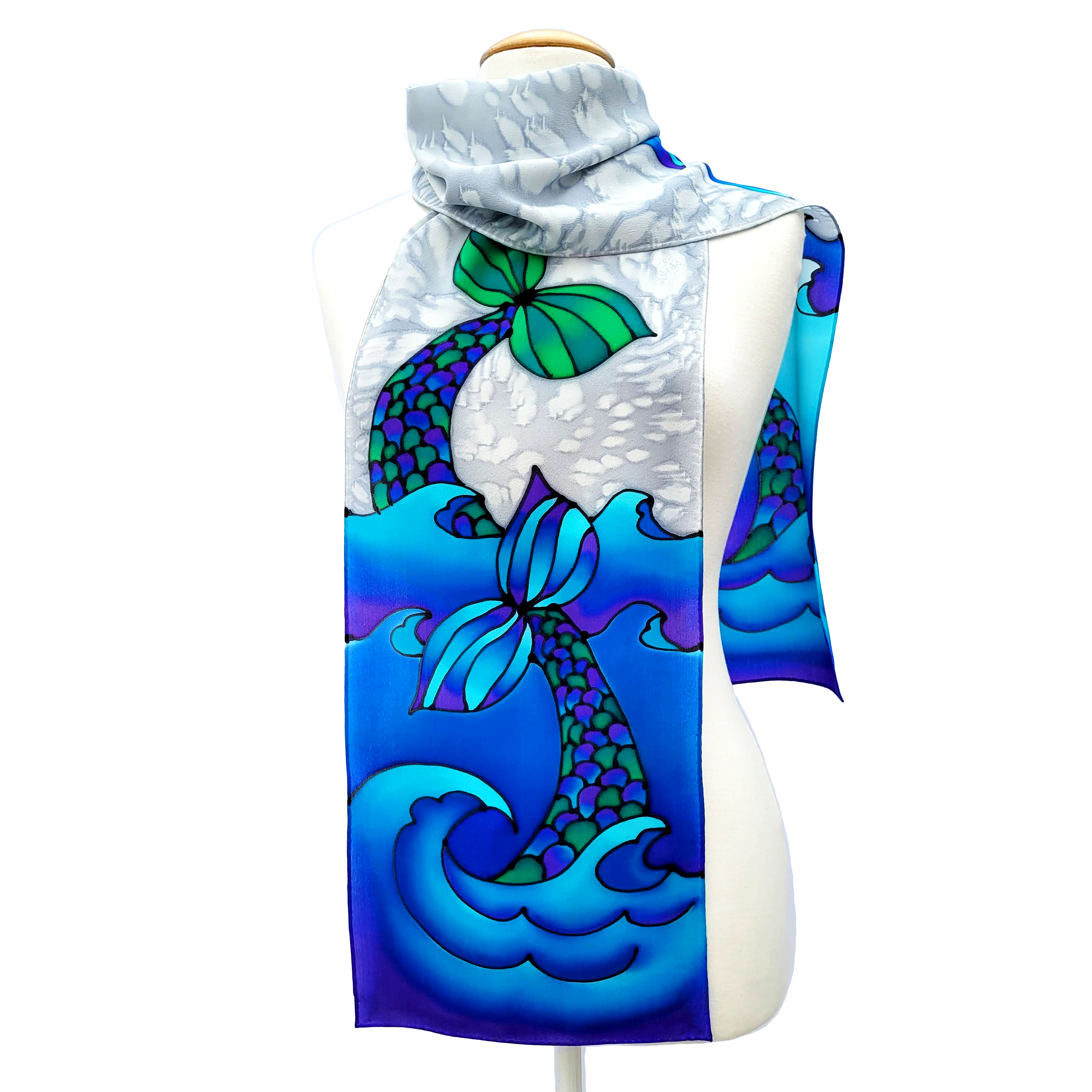 blue silk scarf hand painted mermaid tail art design handmade in Canada by Lynne Kiel