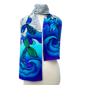 ocean waves blue silk scarf hand painted mermaid tail art design handmade by Lynne Kiel