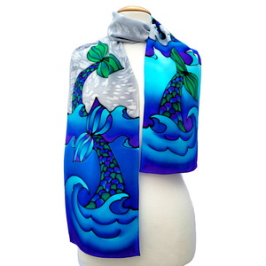 CARIBBEAN SEA Silvery Blue Mermaid Tails Hand Painted Silk Scarf