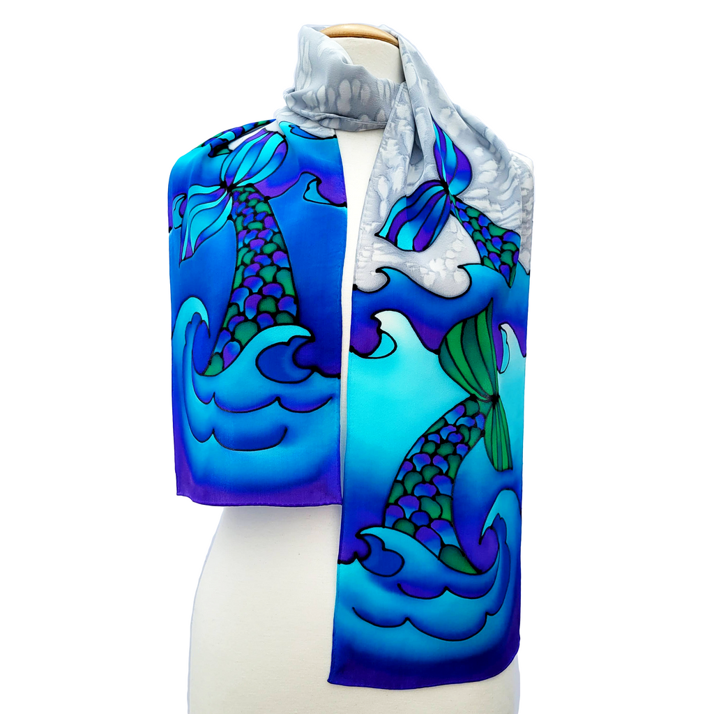 silk clothing accessory hand painted Mermaid tails scarf handmade by Lynne Kiel