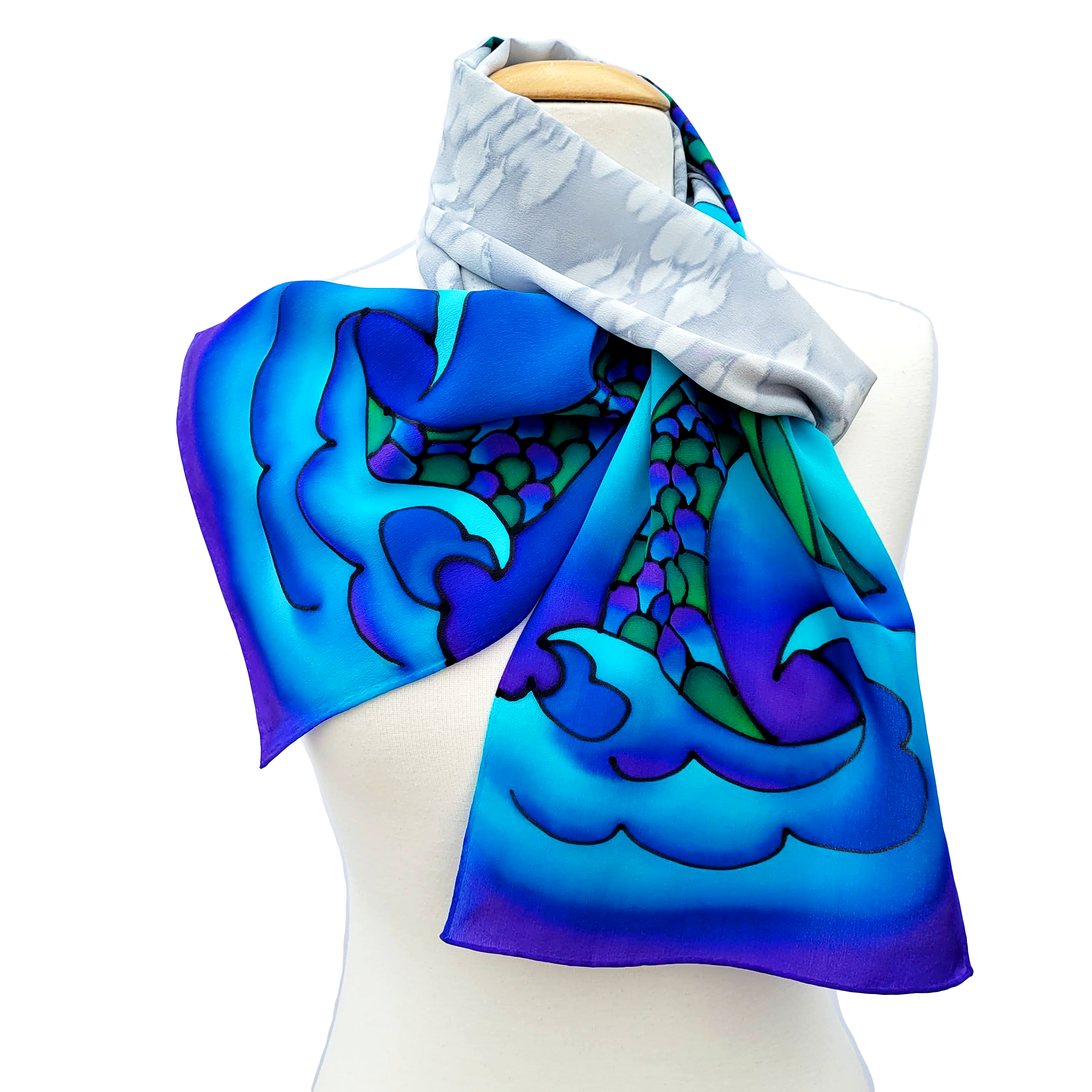 hand painted neck scarf blue silver silk handmade in Canada by Lynne Kiel