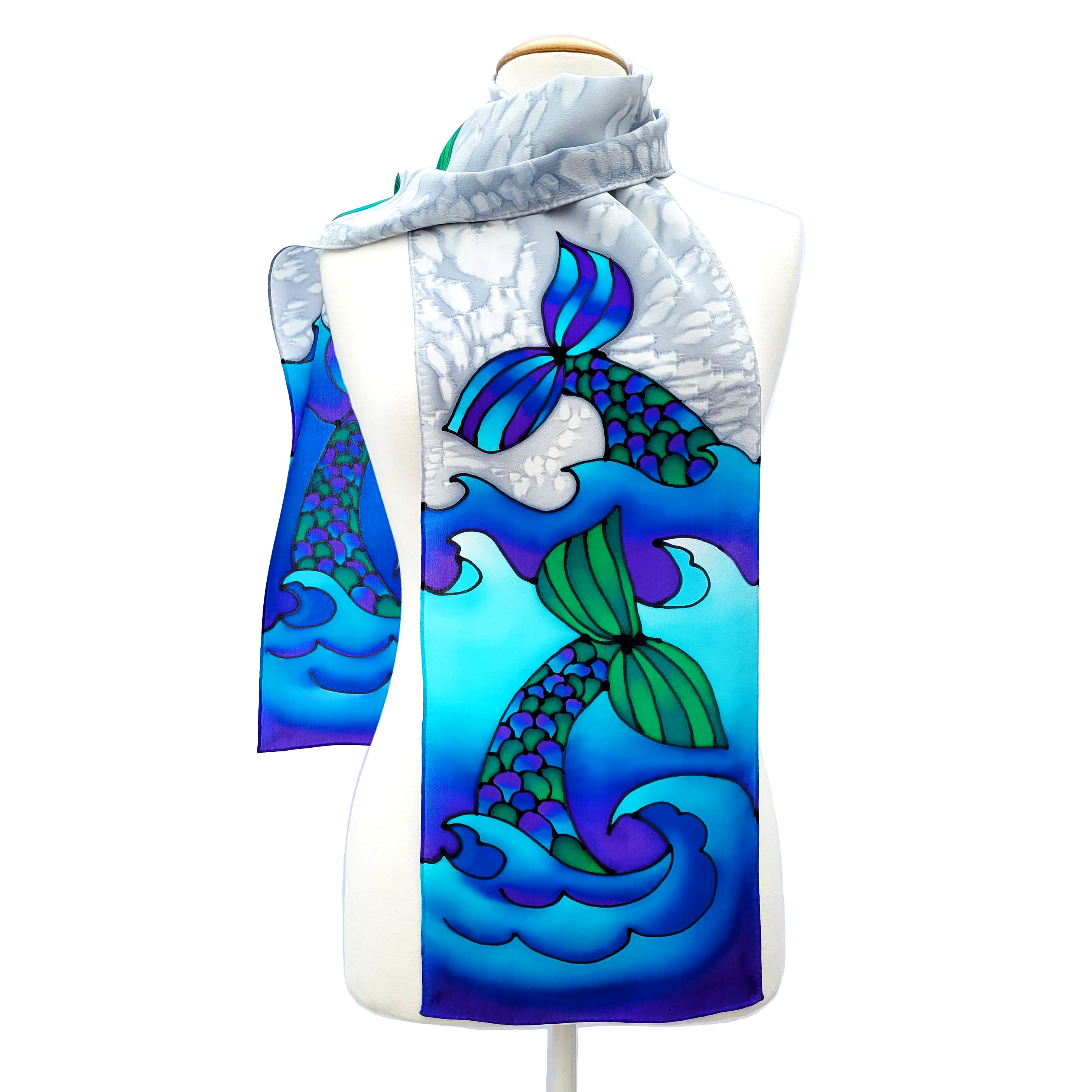 hand painted silk scarf mermaid tail ocean waves art design handmade by Lynne Kiel