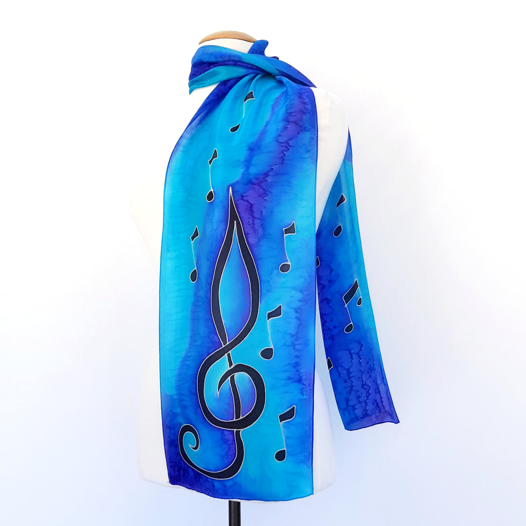 painted silk long scarf blue color
