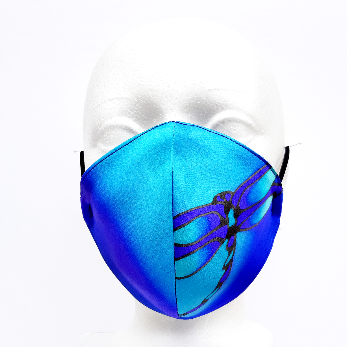 COSMOS BLUE DRAGONFLY FACEMASK Hand Painted Silk Smooth Fit 3 Layers