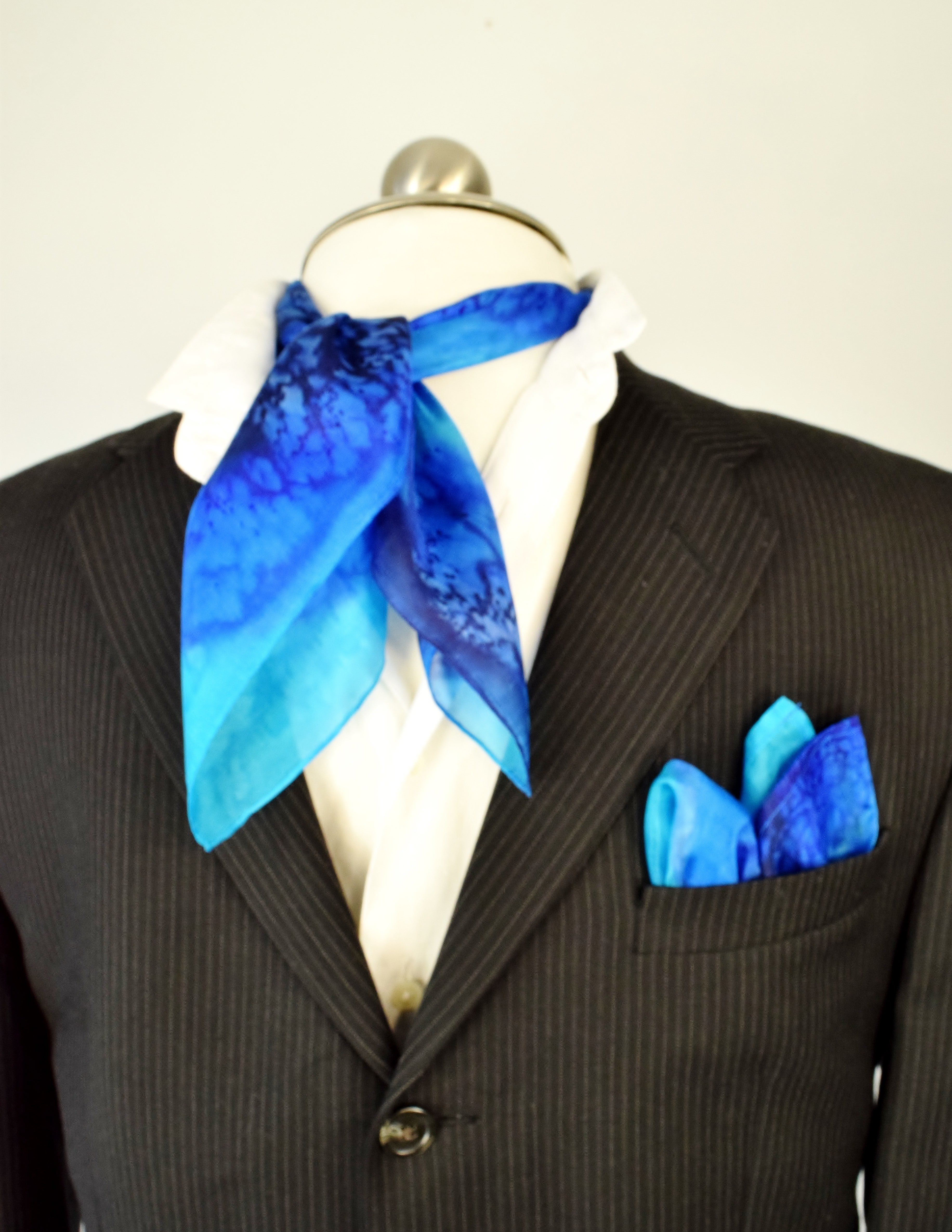 painted silk blue pocket square and neckerchief scarf men's fashion made by Lynne Kiel
