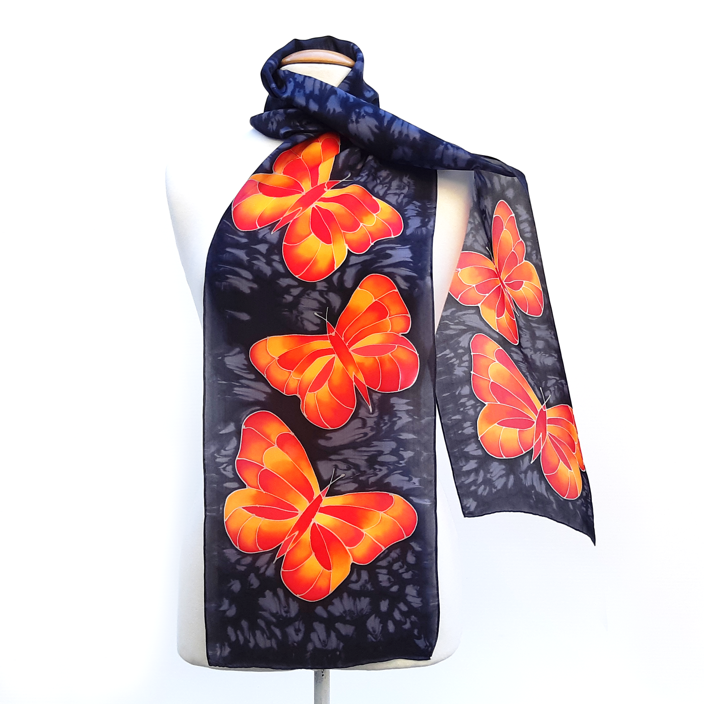 ladies silk scarf black and orange butterflies made in Canada