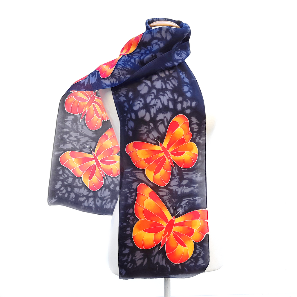 butterfly silk scarf orange and black colors hand made by Lynne Kiel