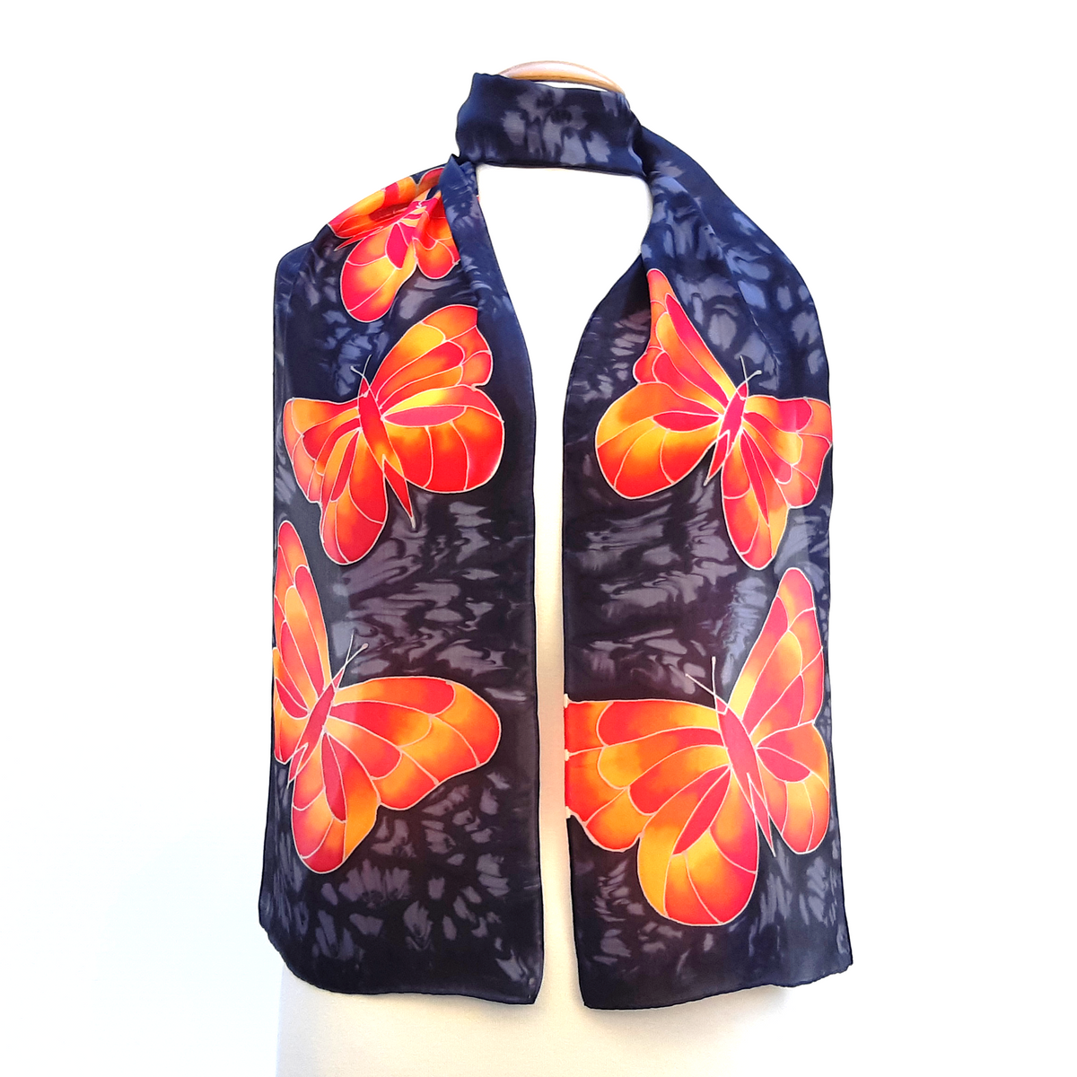 orange monarch butterflies hand painted silk scarf made by Lynne Kiel