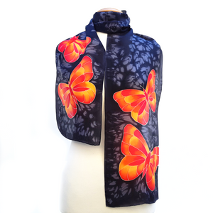 painted silk black scarf with orange monarch butterfly design hand made by Lynne Kiel