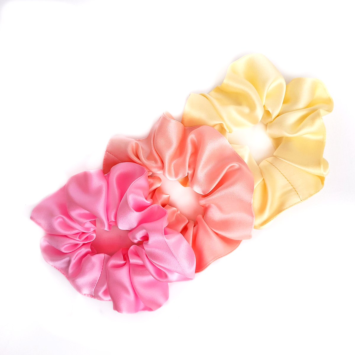 pure silk hair scrunchies ponytail holder hand dyed pastel pink yellow orange handmade by Lynne Kiel