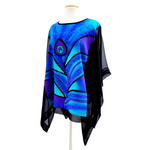 Load image into Gallery viewer, purple and blue silk top hand painted peacock feather poncho top made by Lynne Kiel
