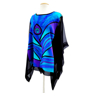 purple and blue silk top hand painted peacock feather poncho top made by Lynne Kiel