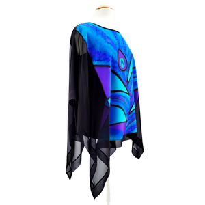 plus size silk clothing hand painted blue peacock feather art design made by Lynne Kiel
