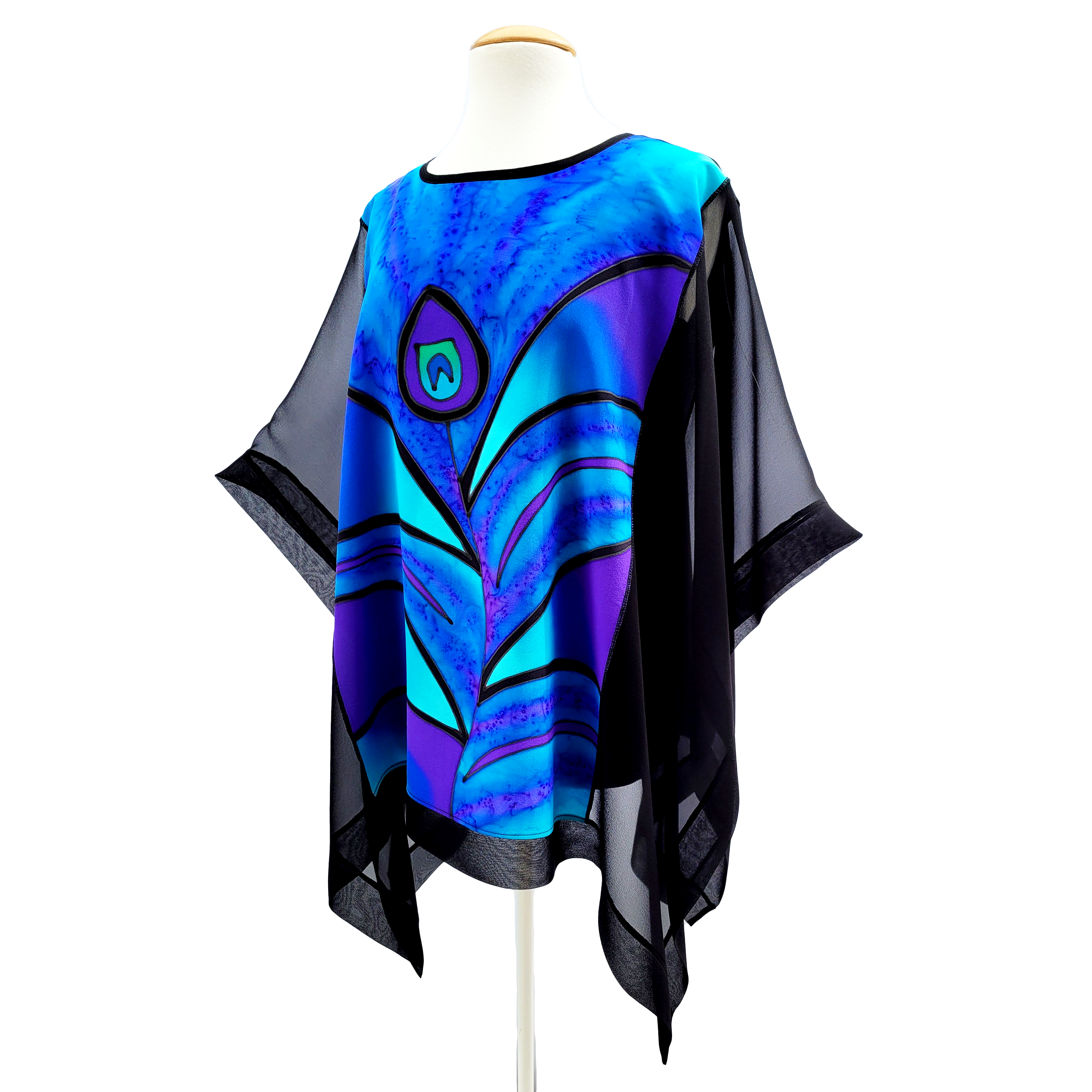hand painted silk poncho top blue and black color flowy fit one size hand made by Lynne Kiel