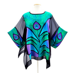 Load image into Gallery viewer, silk clothing hand painted caftan top one size ladies fashion peacock feather design art by Lynne Kiel
