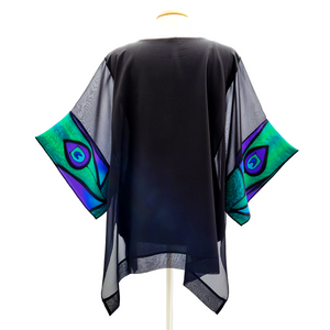 caftan top black green purple color peacock feather design art hand painted by Lynne Kiel