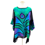 Load image into Gallery viewer, green peacock feather design art hand painted silk caftan top handmade in Canada by Lynne Kiel
